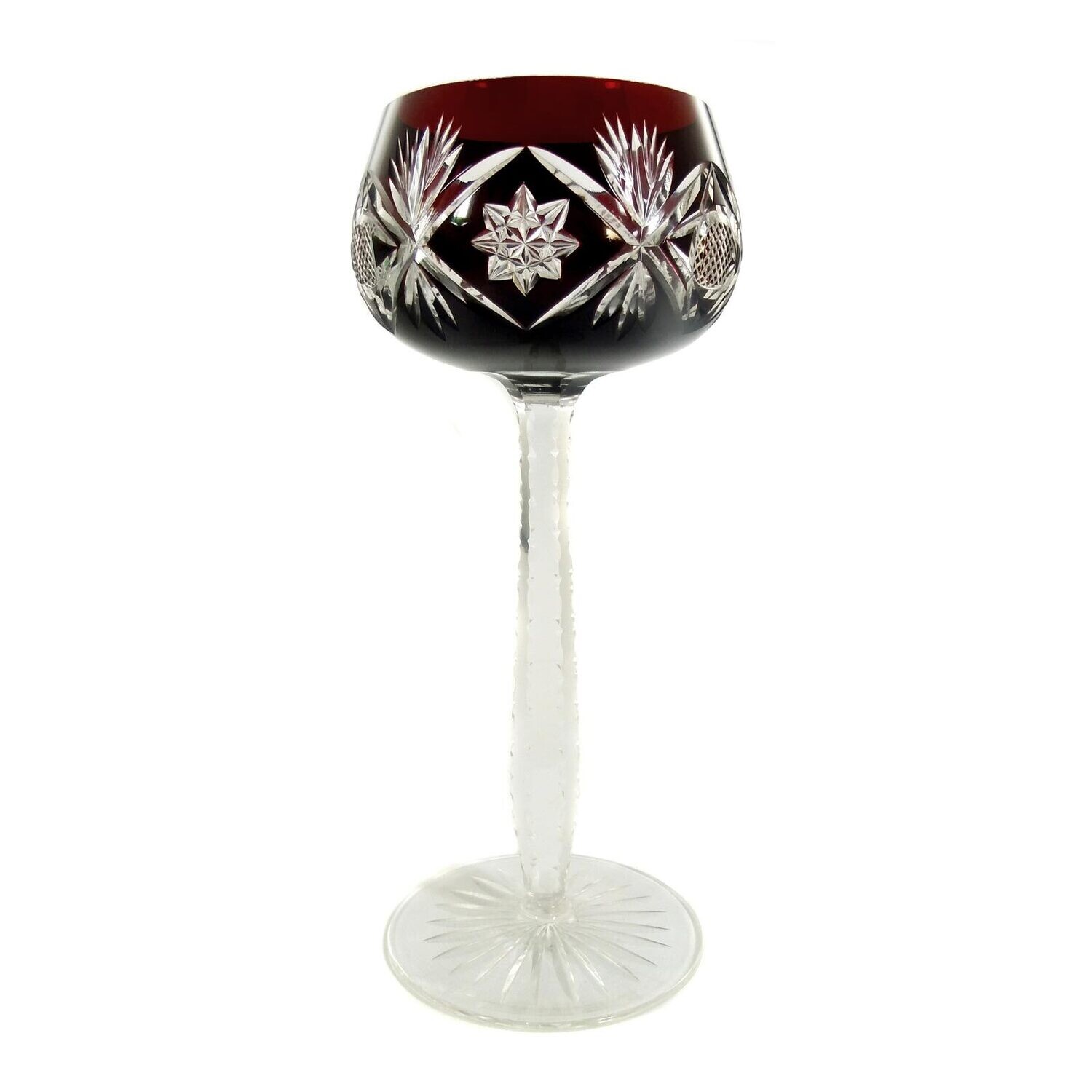 Stem glass with ruby red overlay and decorative cut decoration, Josephinenhütte, 1925