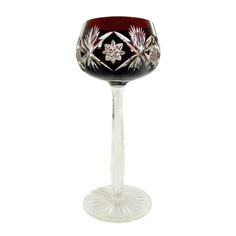 Stem glass with ruby red overlay and decorative cut decoration, Josephinenhütte, 1925