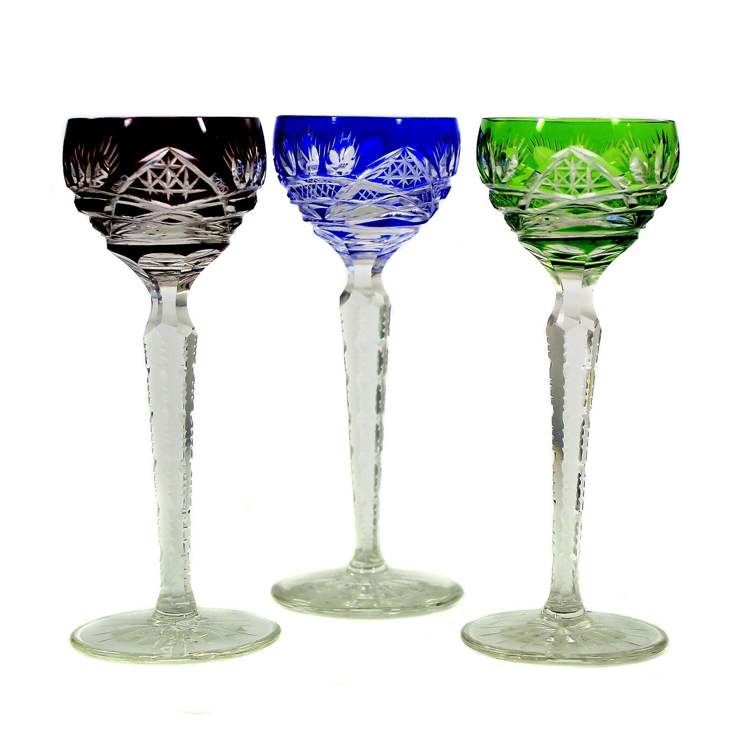 3 liqueur glasses with overlay, Josephinenhütte, Diva collection around 1929