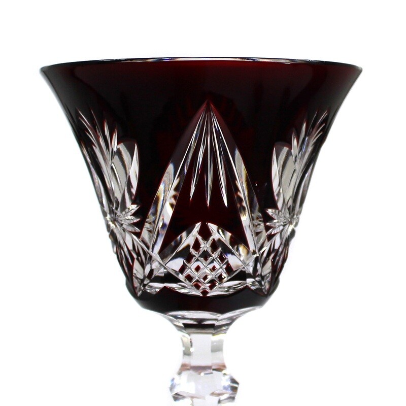 Stem glass with copper ruby colored bowl and decorative cut, Josephinenhütte
