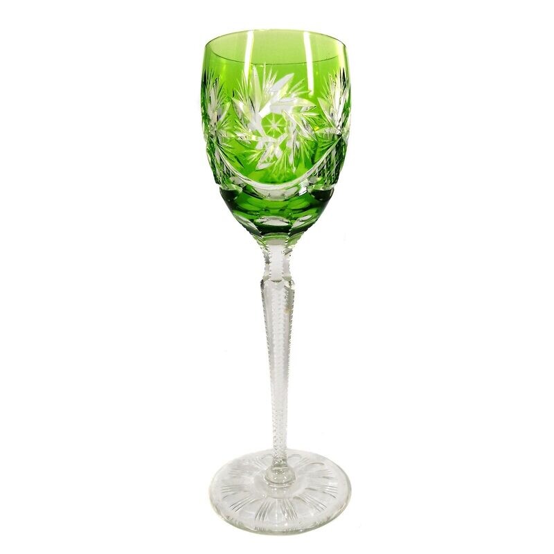 Stem glass with green overlay &amp; ornamental cut decoration, Josephinenhütte, 1920-25
