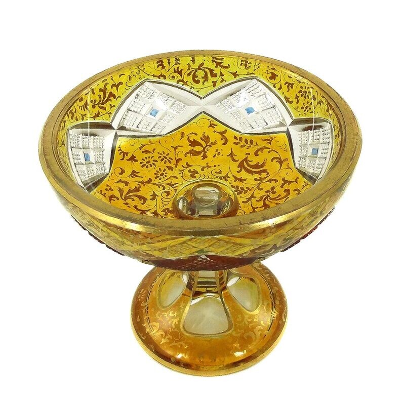 Foot bowl with amber-colored overlay and gold painting, Josephinenhütte