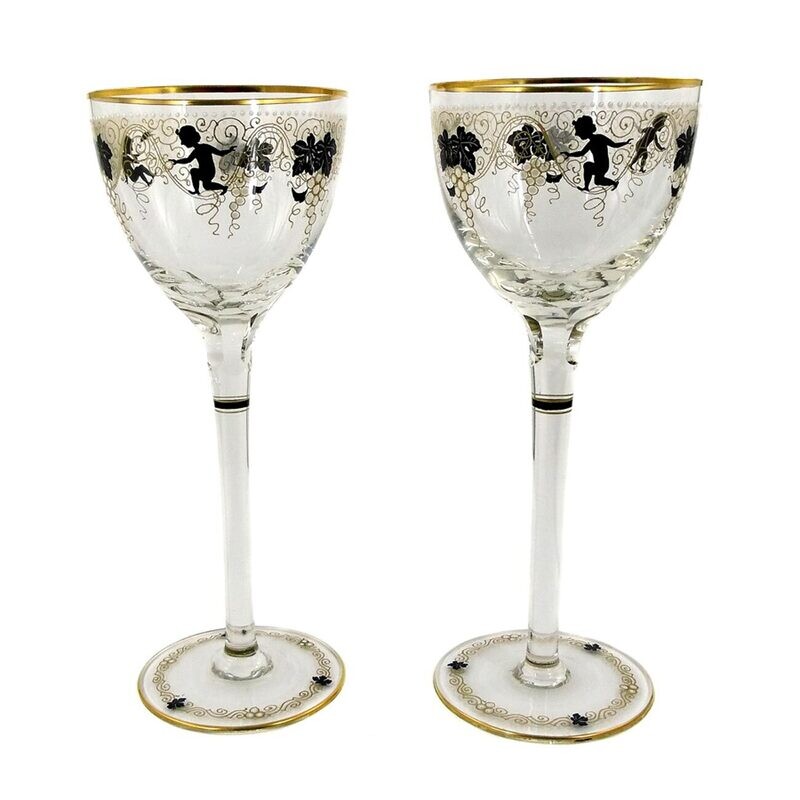 1st of 2. Stem glass with gold and enamel painting, Josephinenhütte around 1912
​
