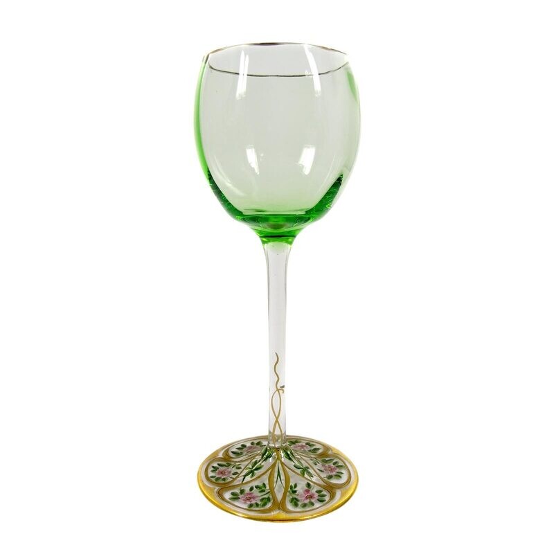 1st of 2. Stem glass with gold enamel painting, S. Haertel, Josephinenhütte, 1900
