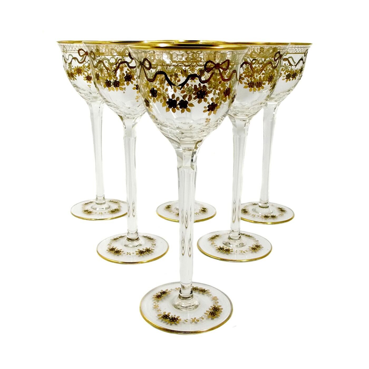 6 stem glasses with relief gold painting, Josephinenhütte, designed by Haertel/Pfohl