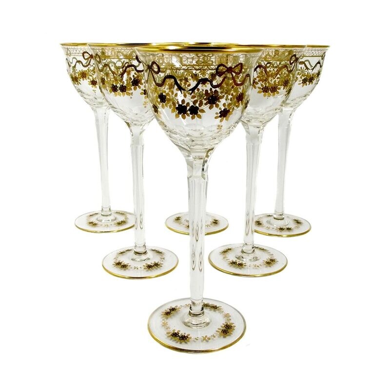 6 stem glasses with relief gold painting, Josephinenhütte, designed by Haertel/Pfohl