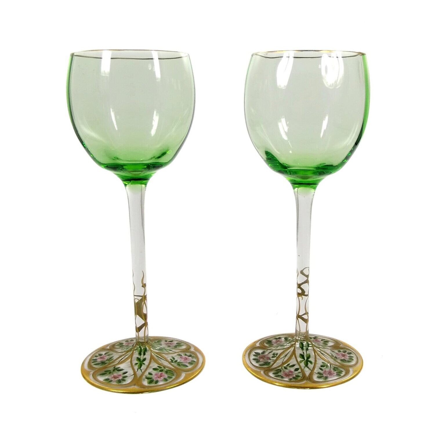 1st of 2. Stem glass with gold enamel painting, S. Haertel, Josephinenhütte, 1900