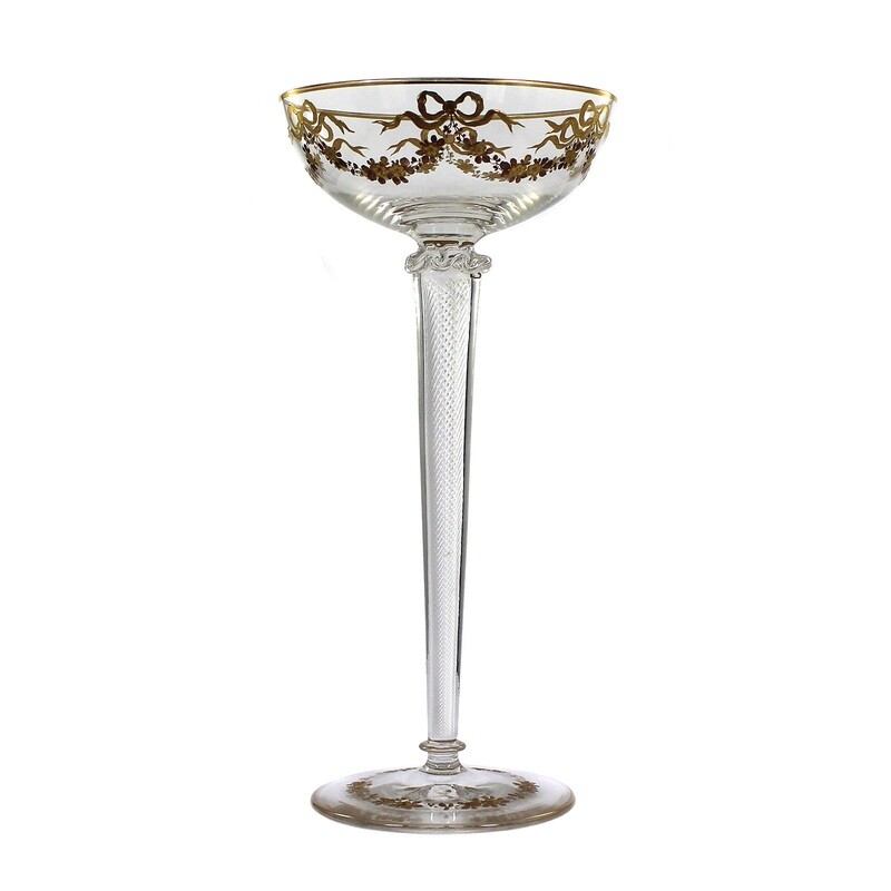 Tall stemmed glass with net filigree and gold painting, Josephinenhütte around 1912