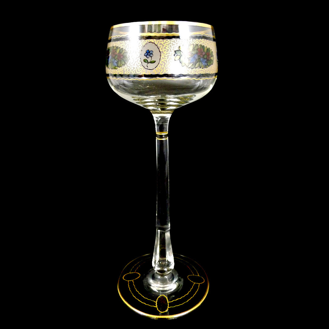 Stem glass with colorful translucent enamel, Josephinenhütte, S. Haertel around 1910