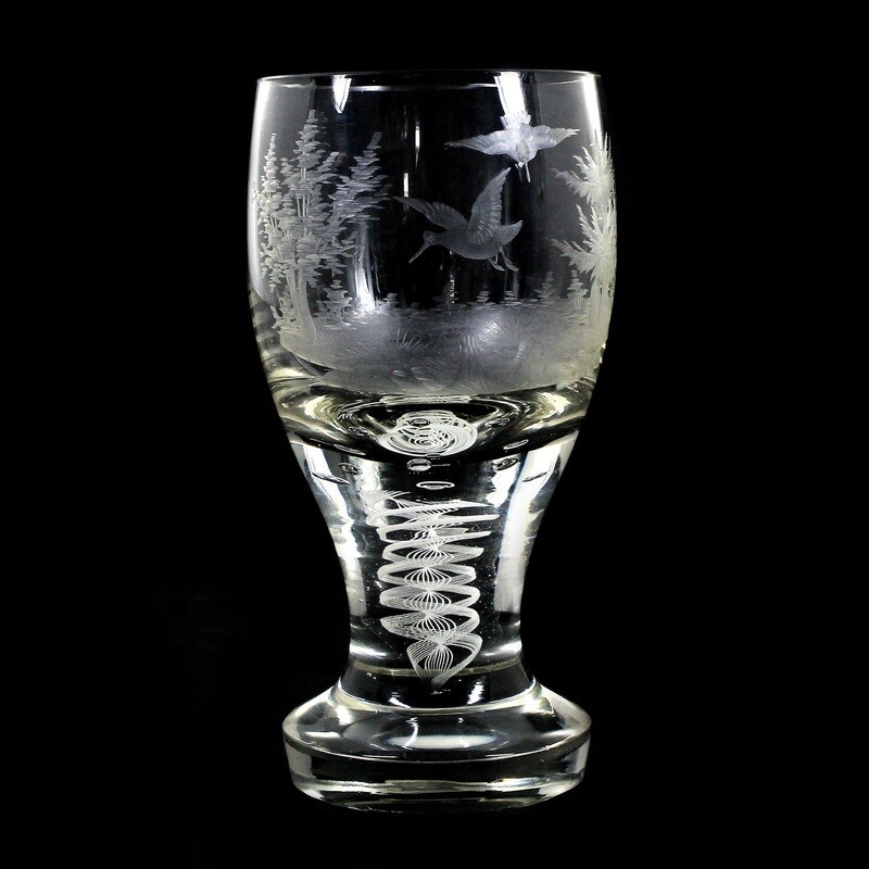 Thread glass cup with cut forest landscape &amp; snipes, Josephinenhütte
