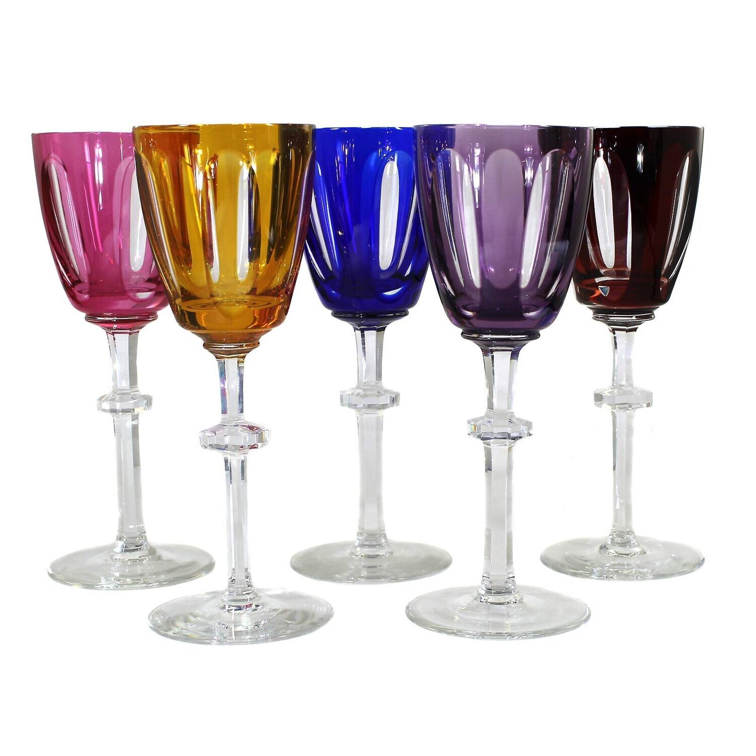 5 stem glasses with different colored overlays and decorative cut decoration, Josephinenhütte