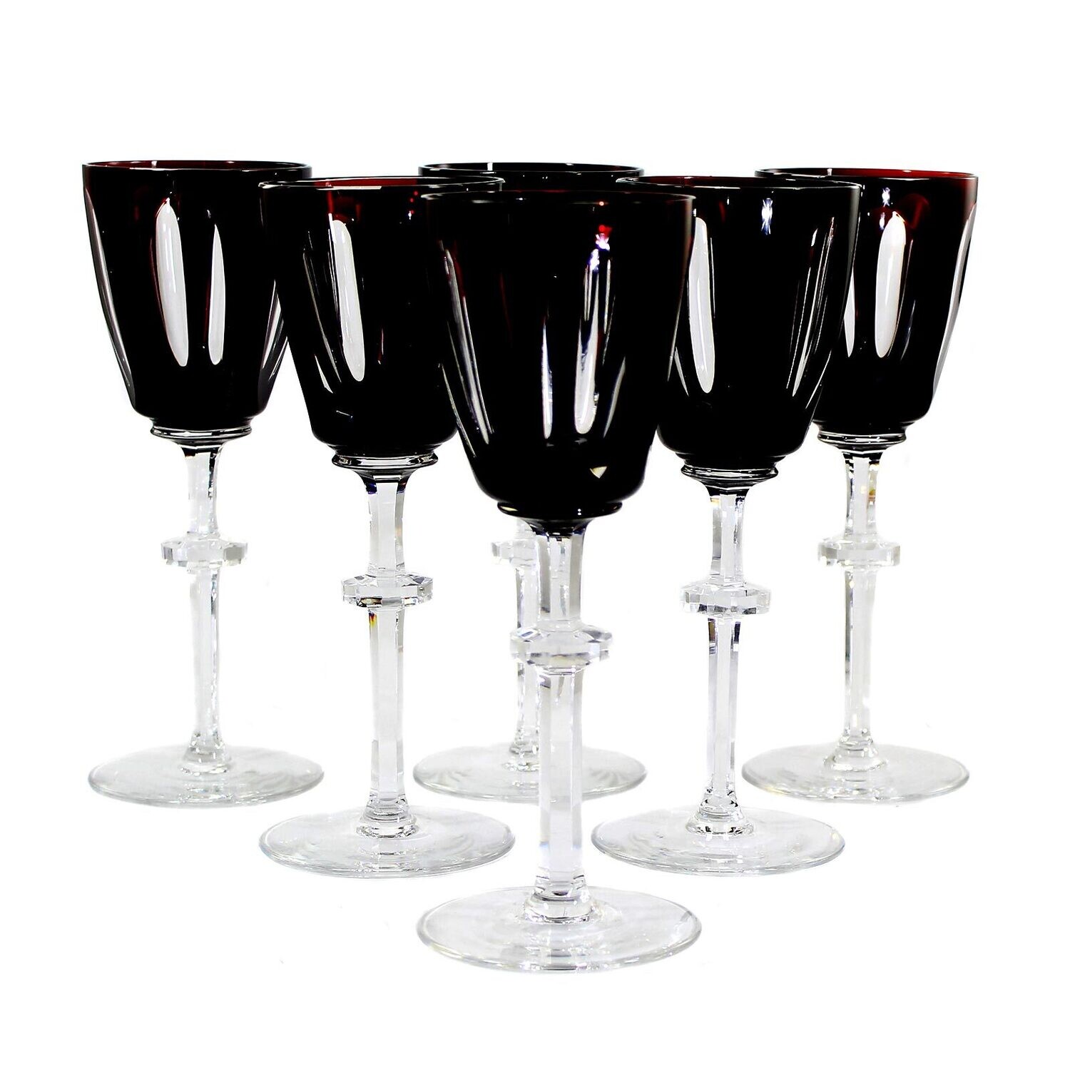 6 stem glasses with purple overlay &amp; decorative cut decoration, Josephinenhütte