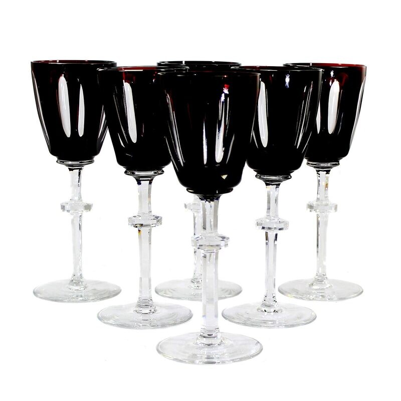 6 stem glasses with purple overlay &amp; decorative cut decoration, Josephinenhütte