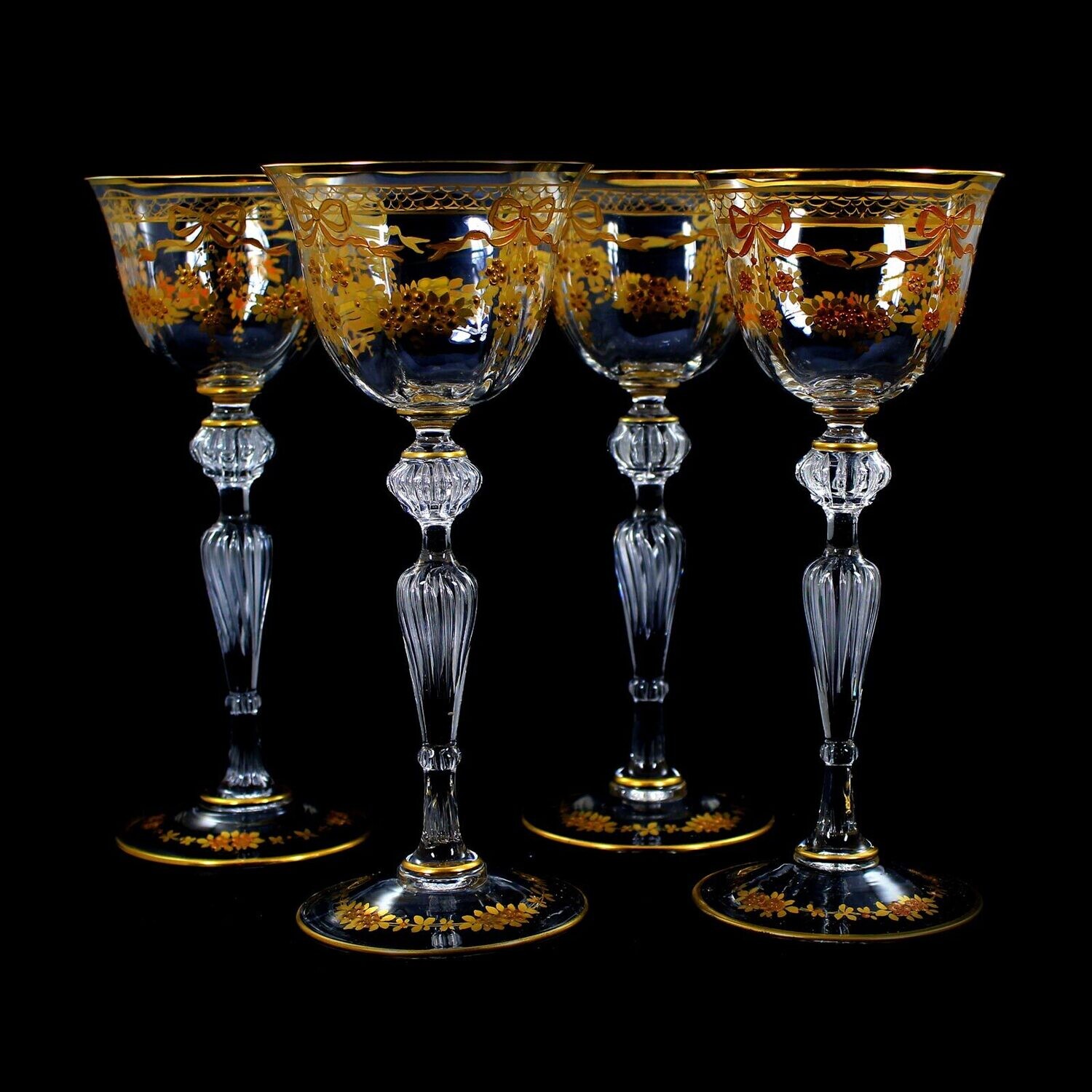 1st of 4. Stem glass with air beads and relief gold painting, Josephinenhütte signed