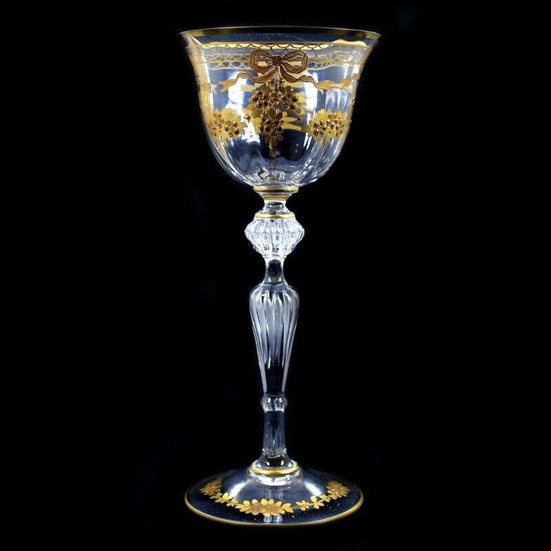 1st of 4. Stem glass with air beads and relief gold painting, Josephinenhütte signed