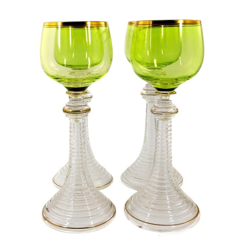 1st of 4. Romans with pistachio-colored bowl and burnished gold rim, Josephinenhütte