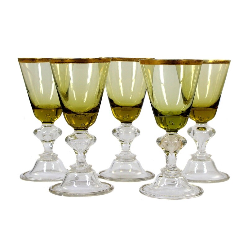 1st of 5 wine glasses with a bell base and pierced air beads, Josephinenhütte