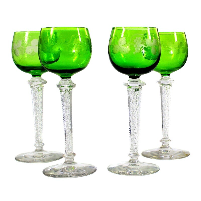 1st of 4. Wine glass with air filigree &amp; grapevine decoration, Josephinenhütte around 1900-10