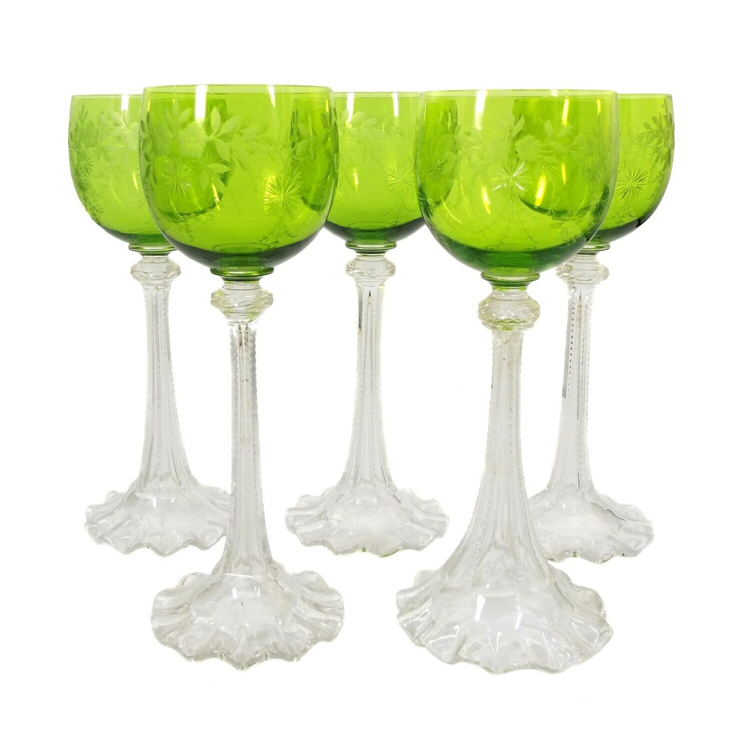 1st of 5. Wine glass with wavy rim, green bowl with decorative cut, Josephinenhütte