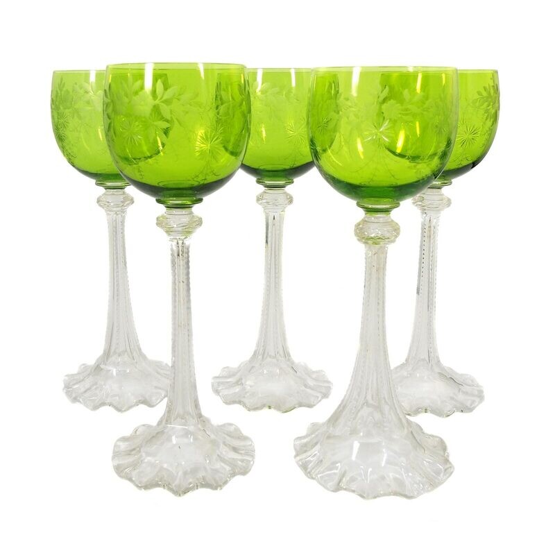 1st of 5. Wine glass with wavy rim, green bowl with decorative cut, Josephinenhütte