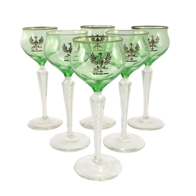 1st of 6 stem glasses with air filigree, cup with eagle motif, Josephinenhütte