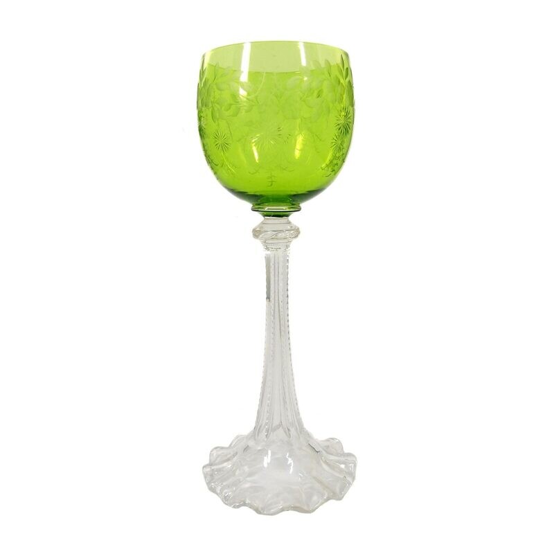 1st of 5. Wine glass with wavy rim, green bowl with decorative cut, Josephinenhütte