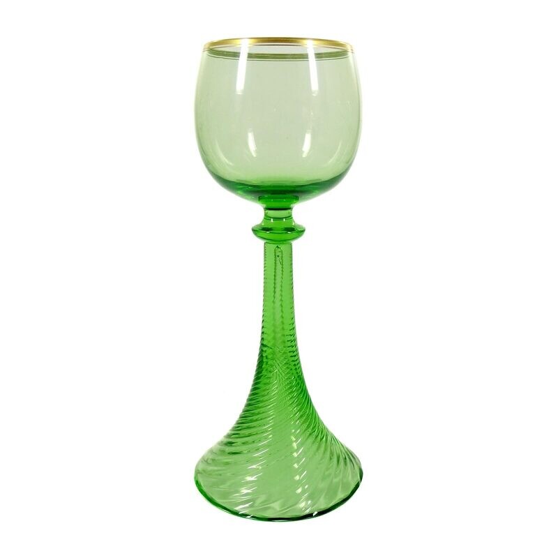 6 wine Romans made of light green uranium-containing glass, Josephinenhütte, designed by A. Gerlach