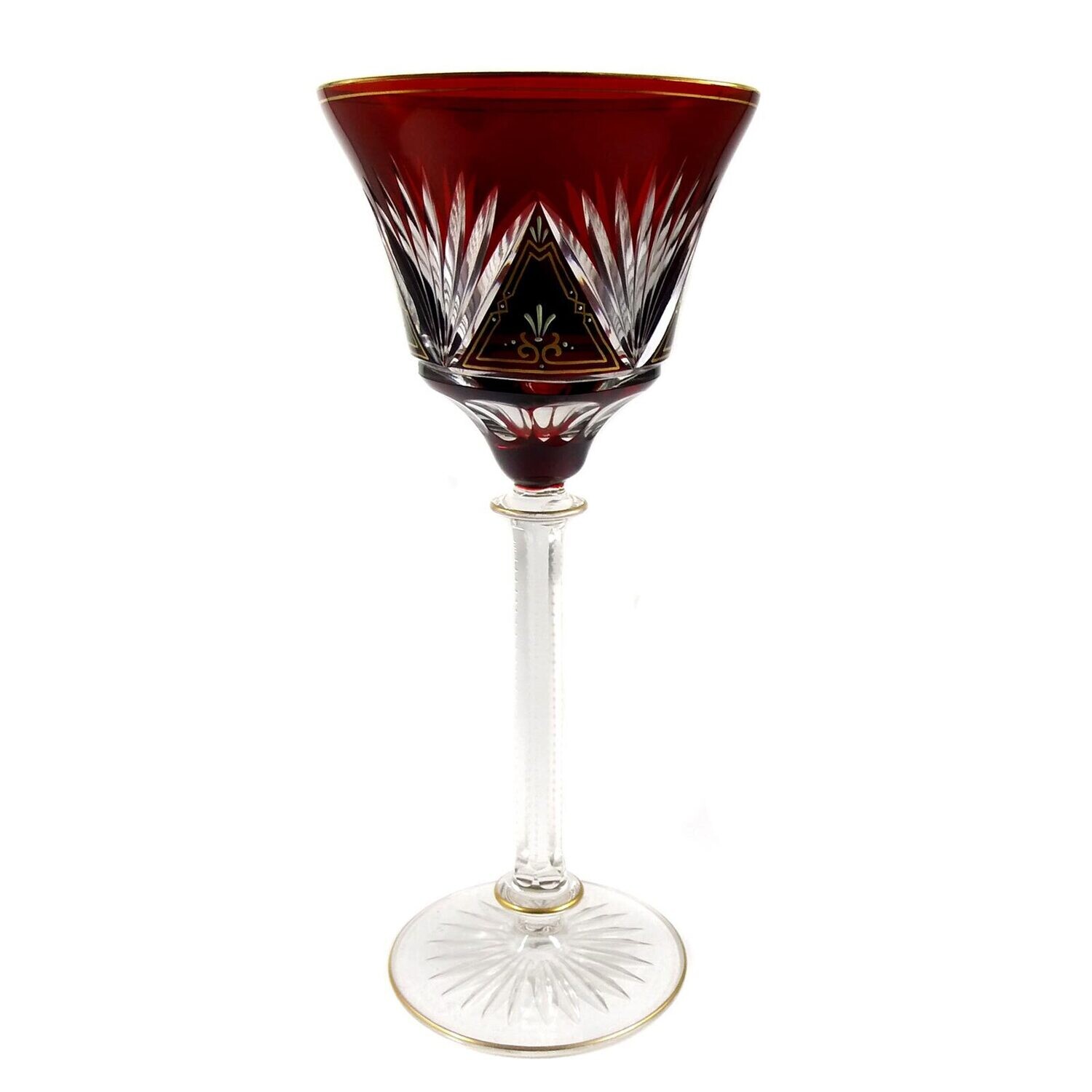 Stem glass with ruby-colored bowl &amp; enamel painting, Josephinenhütte around 1900