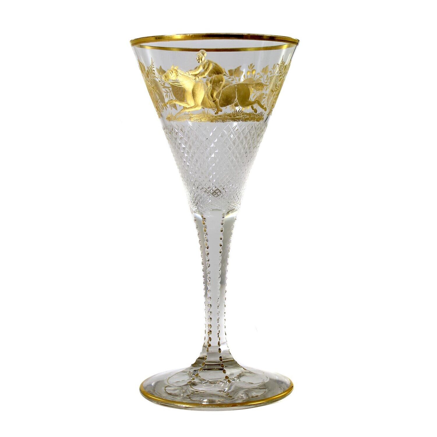 Stem glass made of colorless glass with relief and burnished gold painting, Josephinenhütte