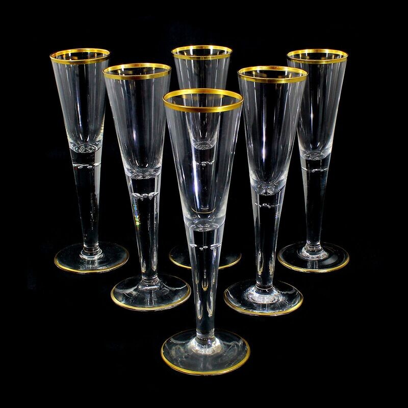 6 champagne flutes with pierced air beads, Josephinenhütte, designed by A. Gerlach