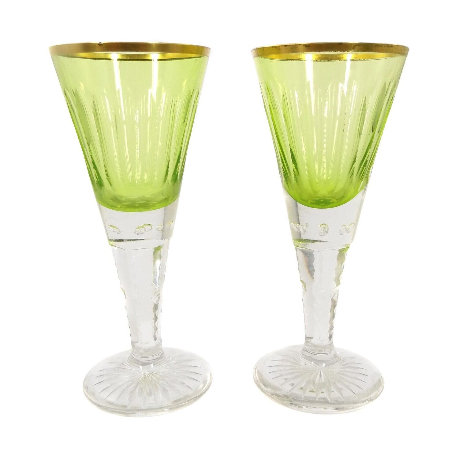 2 class Cups with pistachio-colored cups &amp; pierced air bubbles, Josephinenhütte