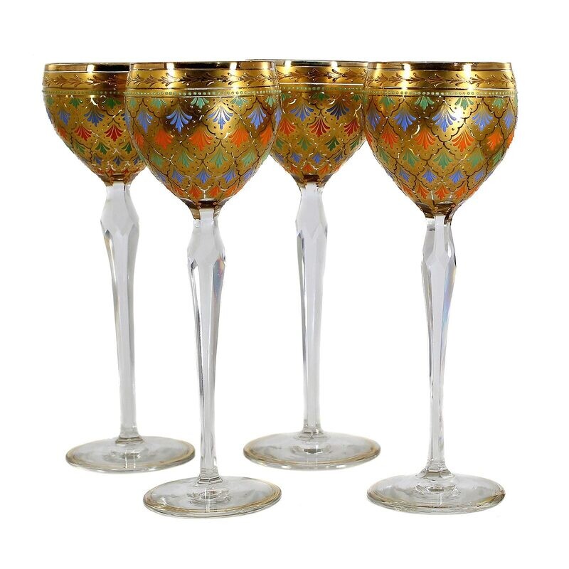 1st of 4. Rare stemmed glass with gold and enamel painting, Josephinenhütte