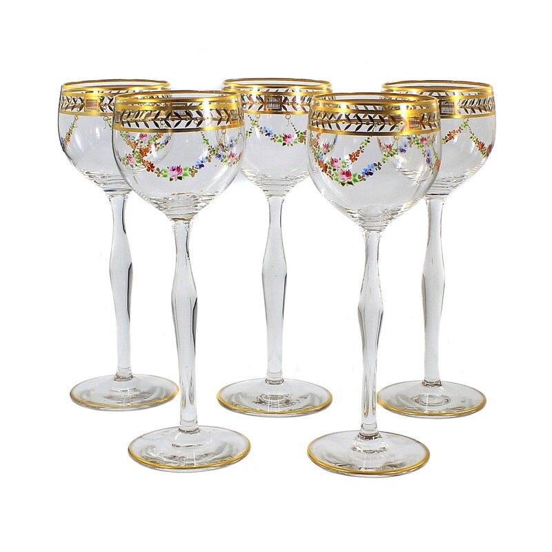 1st of 5. Stem glass with gold and enamel painting, Josephinenhütte around 1919