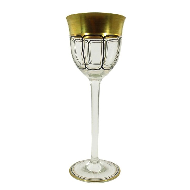 1st of 6. Stem glasses with polished gold and black enamel, Josephinenhütte around 1912