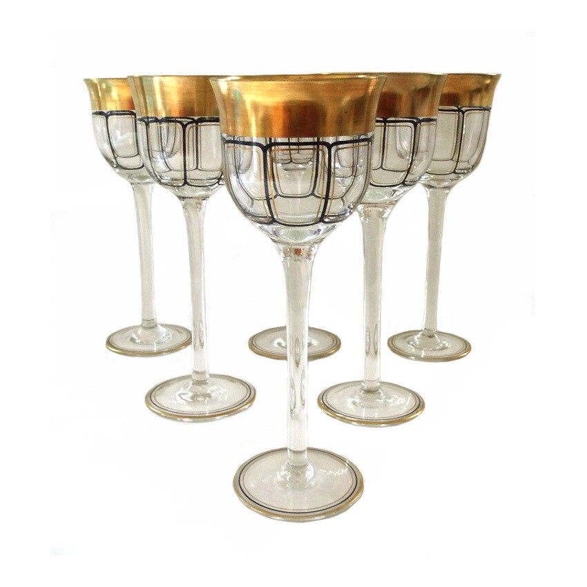 1st of 6. Stem glasses with polished gold and black enamel, Josephinenhütte around 1912