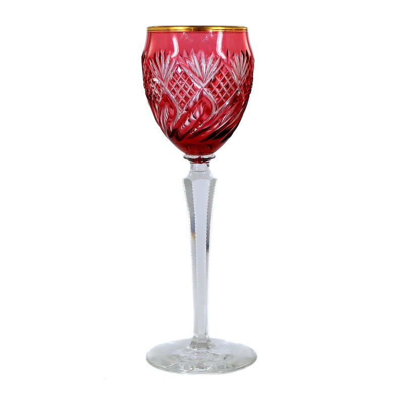 Stem glass with gold ruby overlay and decorative cut, Josephinenhütte around 1900