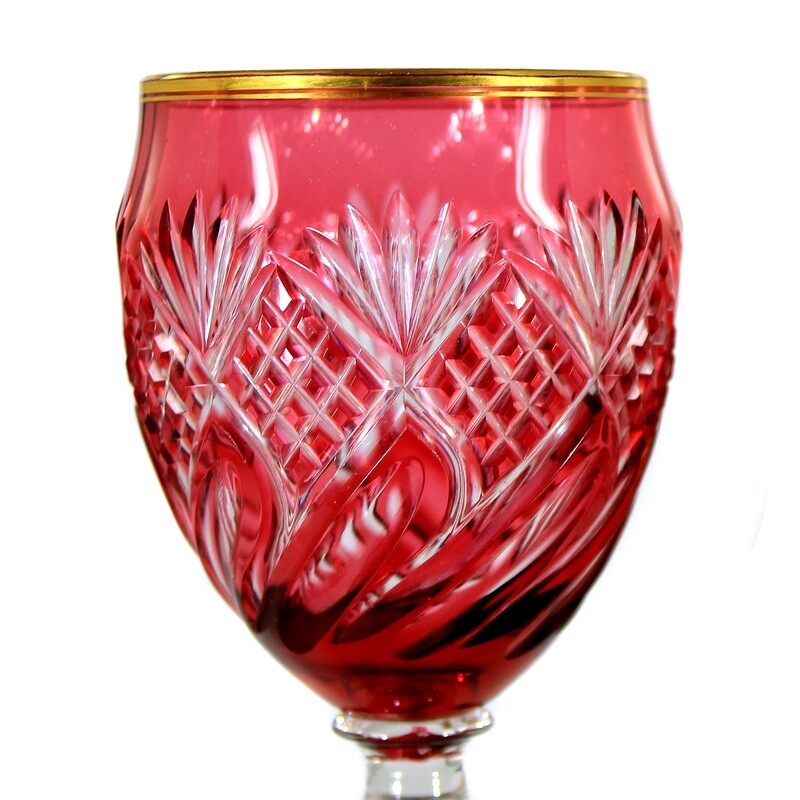 Stem glass with gold ruby overlay and decorative cut, Josephinenhütte around 1900