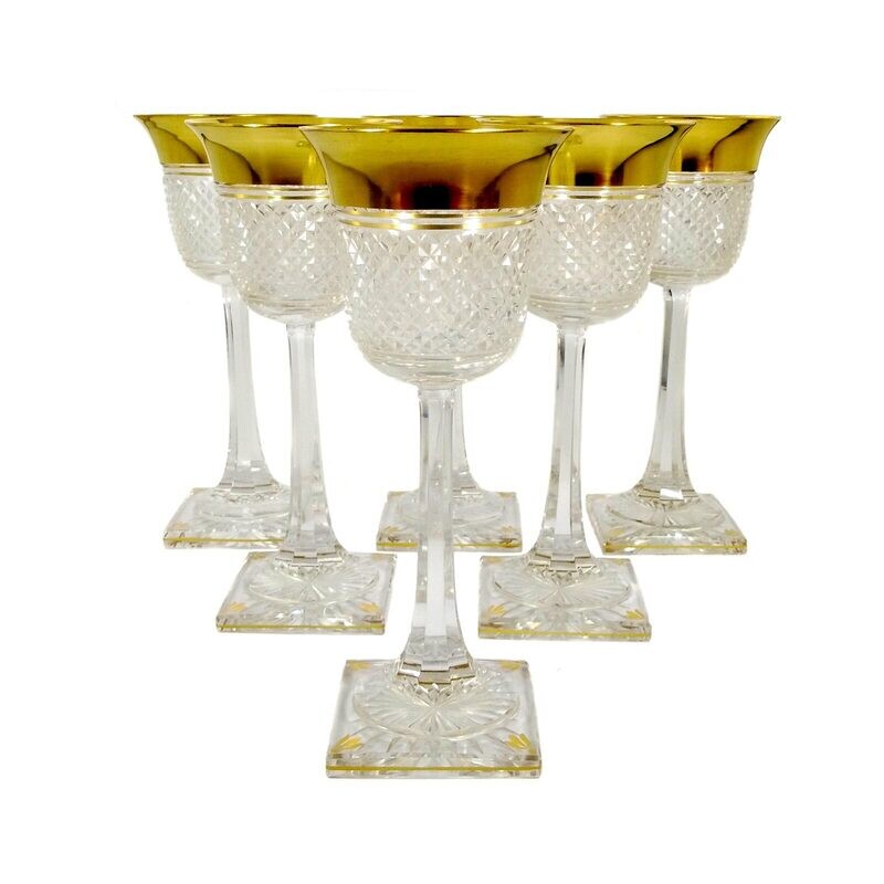 6 stem glasses with brilliant cut &amp; wide gold rim, Josephinenhütte, Viktoria