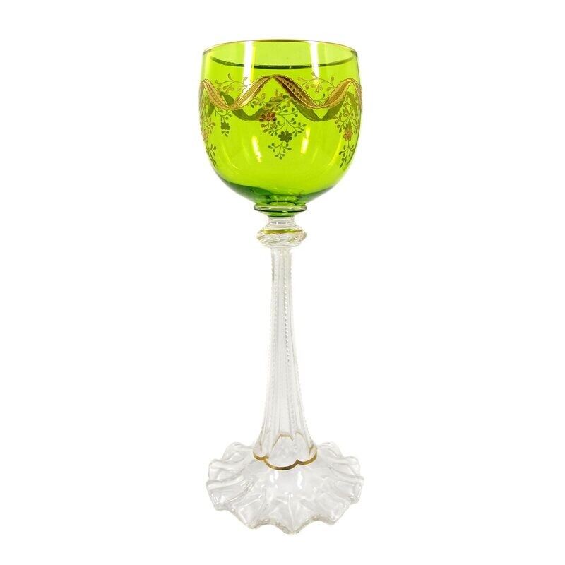 Stem glass with overlay, base with wavy edge, Josephinenhütte, painting Hanney