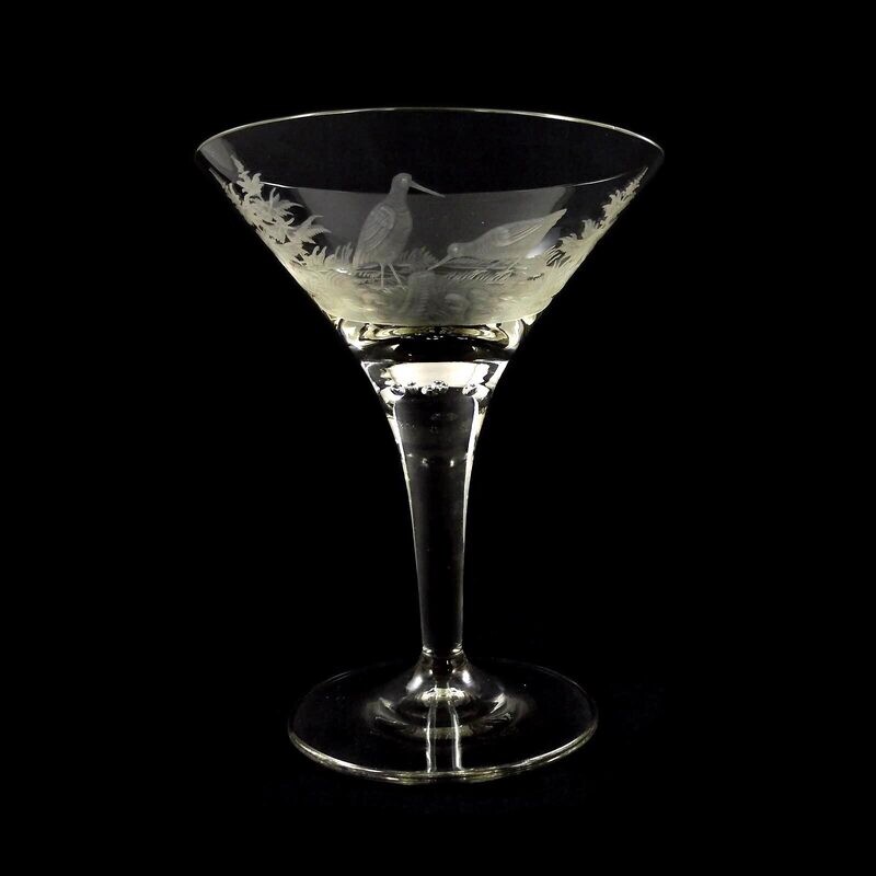 Champagne bowl with hunting engraving and pierced air beads, Josephinenhütte