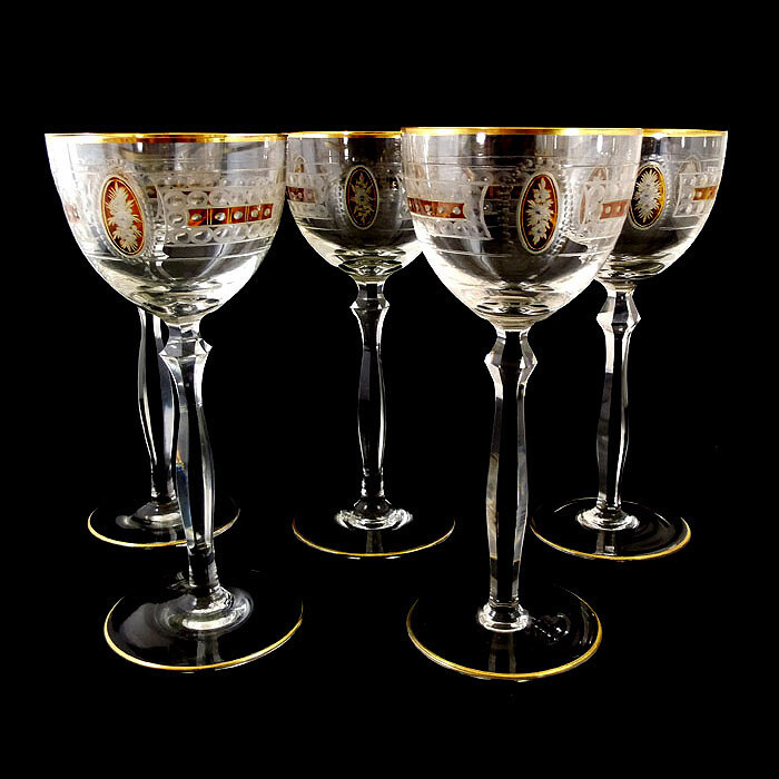 1st of 5 stem glasses with amber etchings &amp; oval medallions, Josephinenhütte