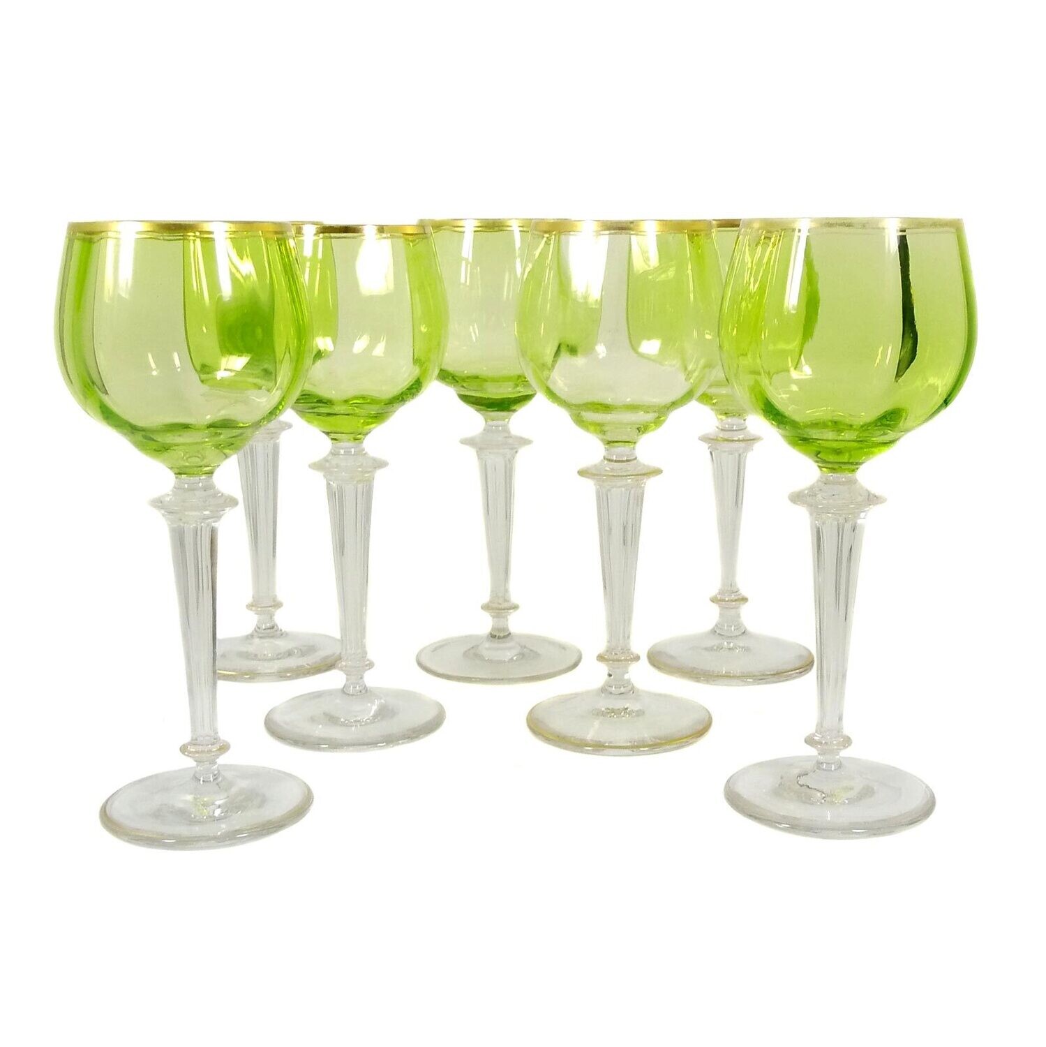 1st of 7. Stem glass with faceted shaft &amp; pistache-colored bowl, Josephinenhütte