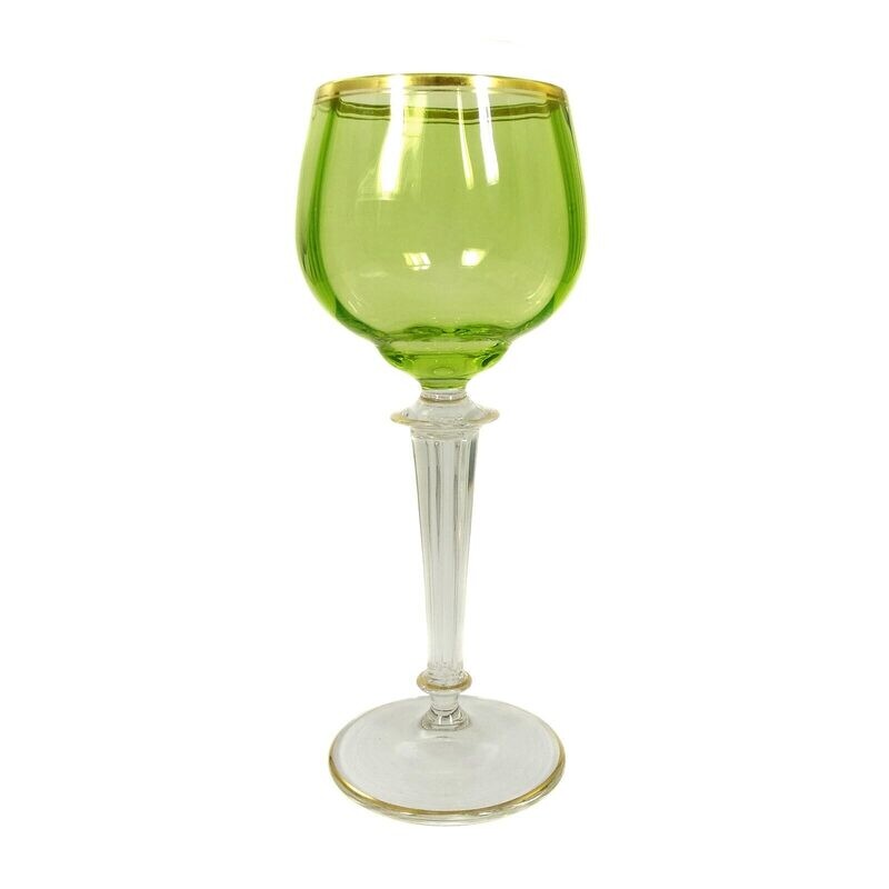 1st of 7. Stem glass with faceted shaft &amp; pistache-colored bowl, Josephinenhütte