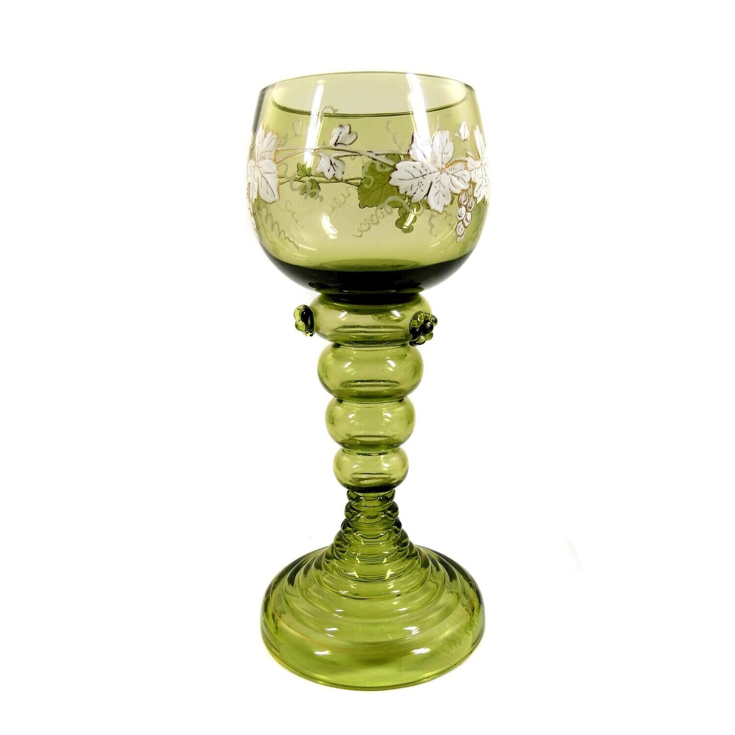Wine Roman made of olive green glass with enamel painting, Fritz Heckert around 1890
