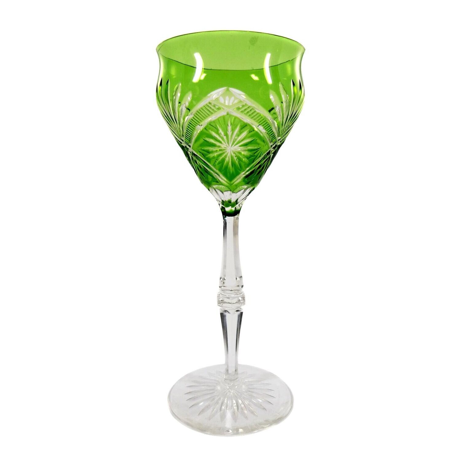 Stem glass with double-conical, faceted shaft and green overlay.