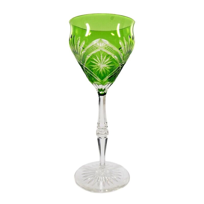Stem glass with double-conical, faceted shaft and green overlay.