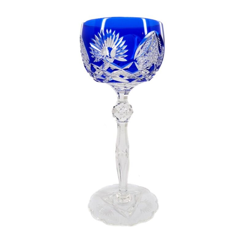Stem glass with cobalt blue overlay and wedge cut decoration, Heckert around 1915