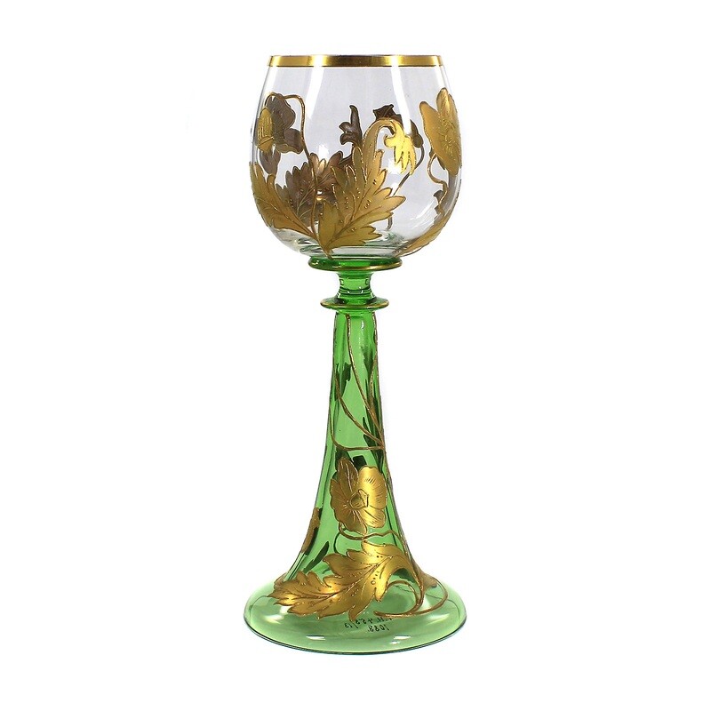 Stem glass with relief and polished gold painting, Fritz Heckert around 1900, signed