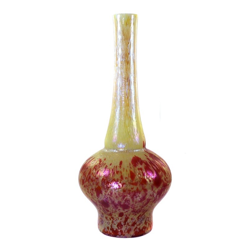 Large flask vase made of opaque glass with red crumbs melted, F. Heckert