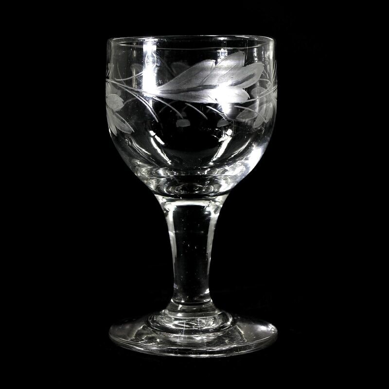 6 goblet glasses made of colorless glass with engraved leaf border, Schleswig around 1820